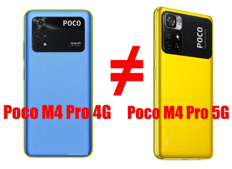 Comparison of two smartphone models: Poco M4 Pro 4G and Poco M4 Pro 5G, shown side by side with different colors and camera layouts.