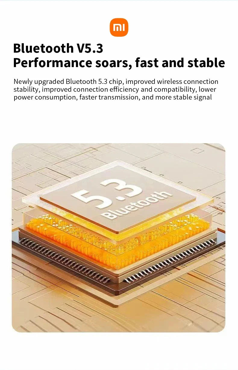 Computer chip labeled ’V5.3 Bluetooth’ with orange circuitry visible beneath.