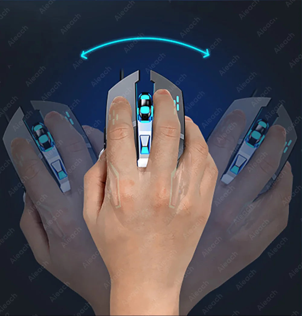 Computer mouse with a glowing blue scroll wheel and side buttons.