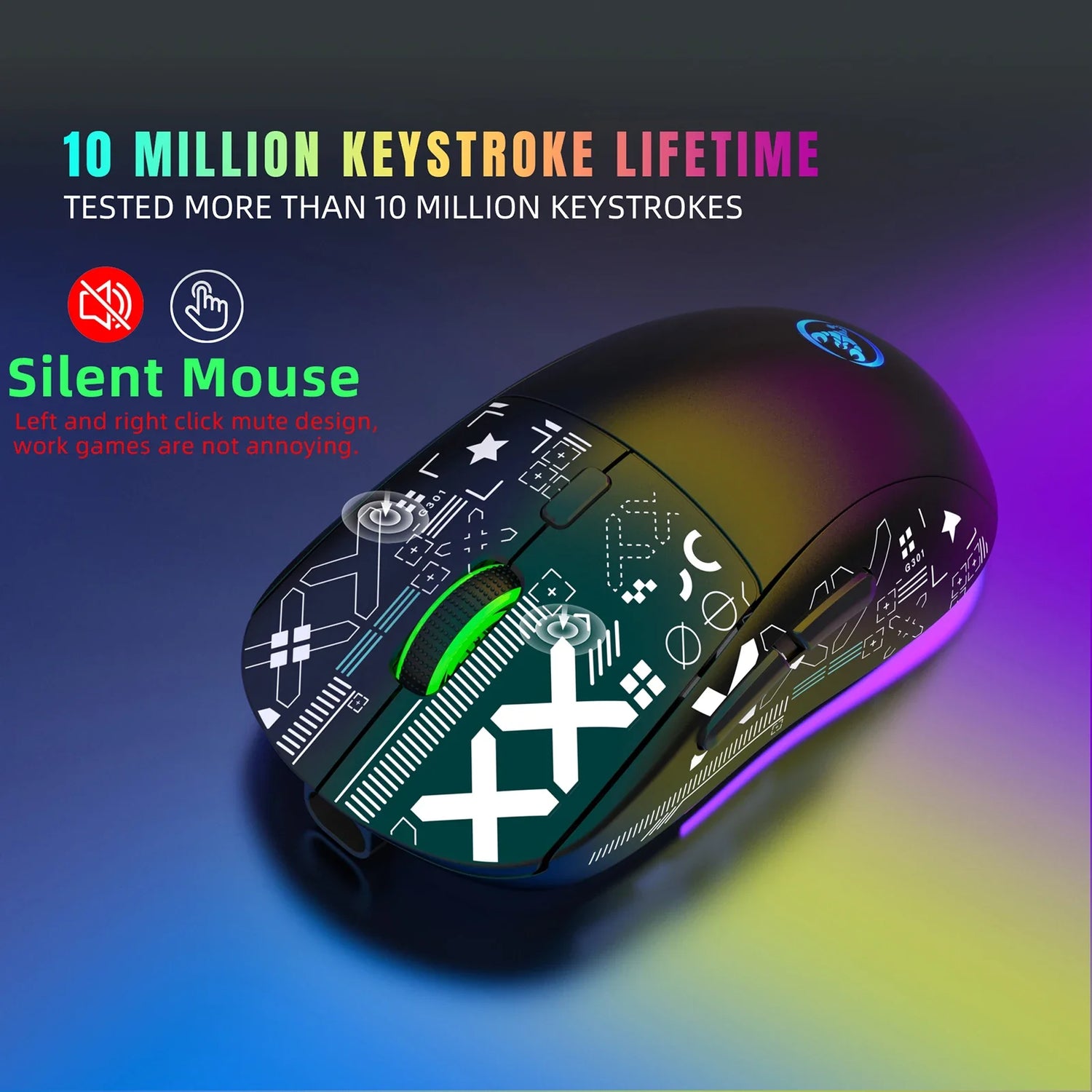 Computer mouse with a colorful circuit board design and RGB lighting effects.