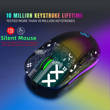 Computer mouse with a colorful circuit board design and RGB lighting effects.