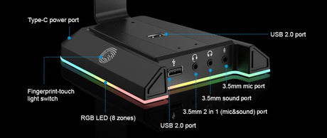 Gaming console or external device hub with multiple ports and RGB lighting.
