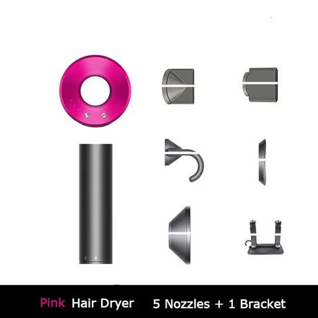 pink hair dryer, nozzles and bracket