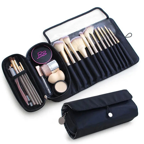 a black makeup bag with brushes and brushes