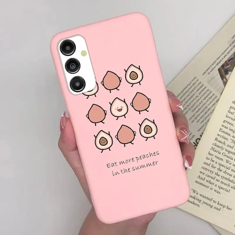 a pink phone case with a cartoon character on it