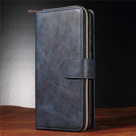 Dark blue leather wallet with a zipper and snap closure.
