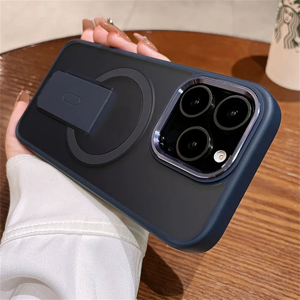 Dark blue phone case with magnetic stand.