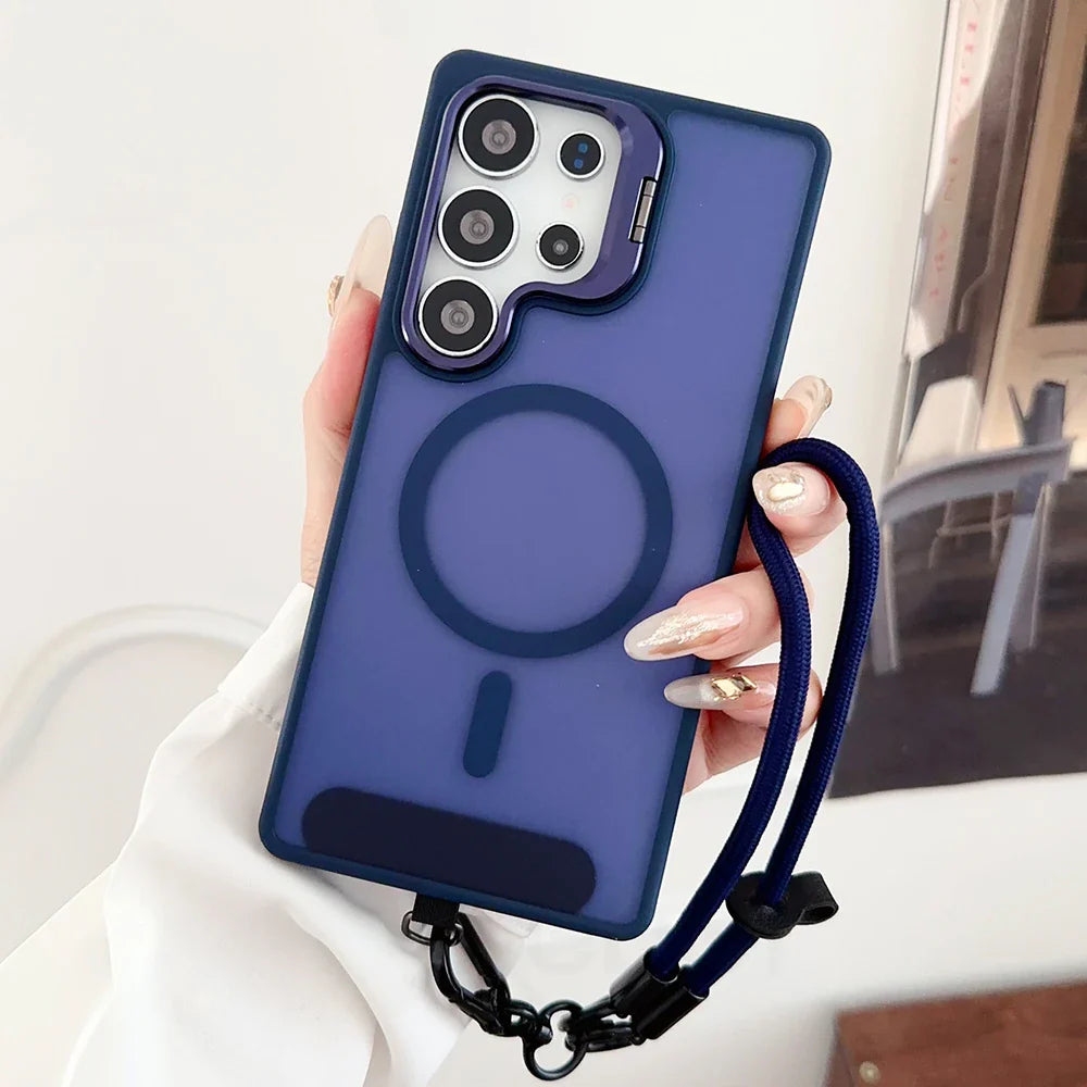Dark blue phone case with a camera protector, a magnetic charging ring, and an attached wrist lanyard.