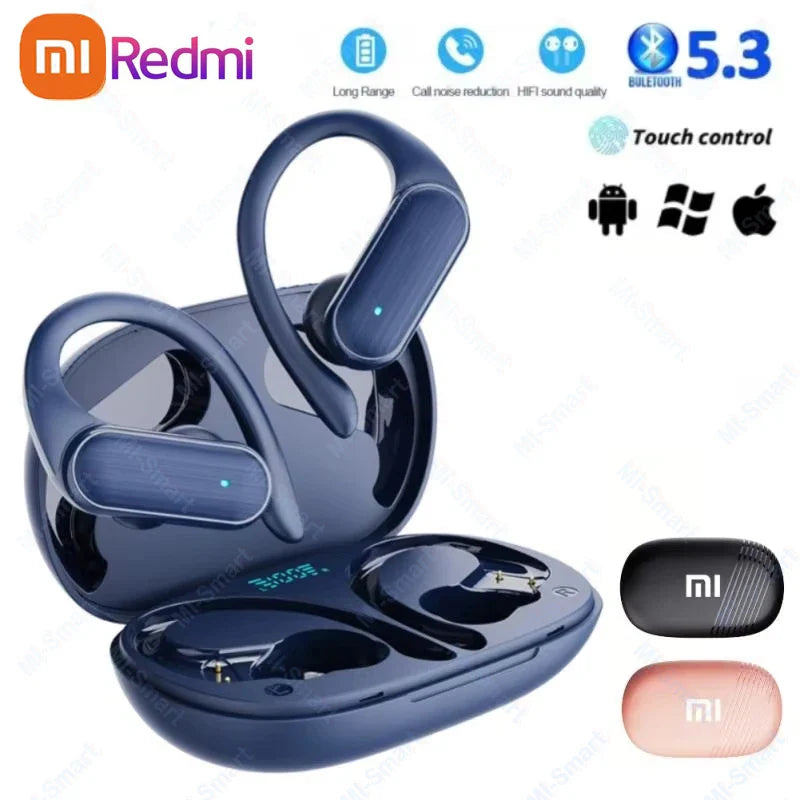 Dark blue wireless earbuds with ear hooks and charging case.