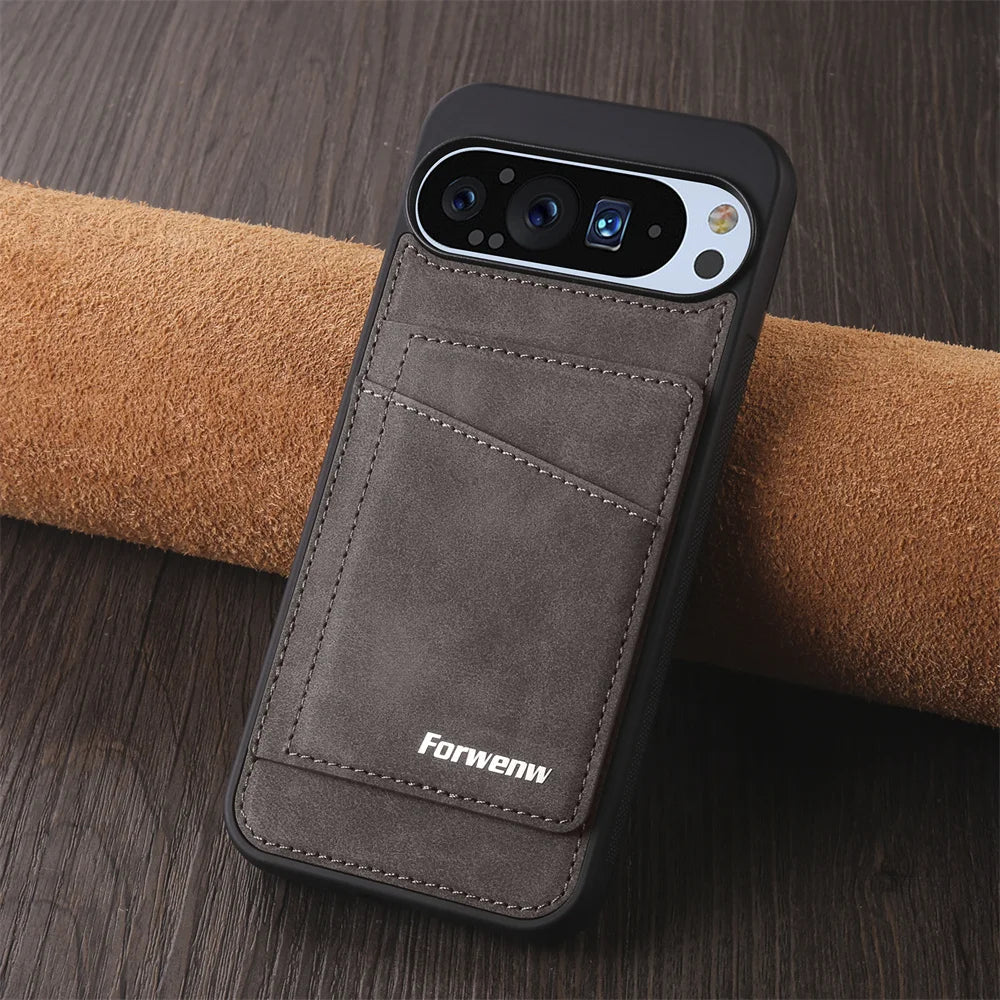 Dark grey faux leather phone case with card slots.