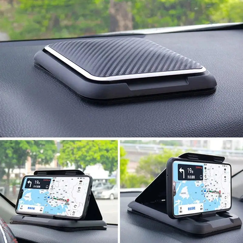 a car dashboard with a phone and a gps device