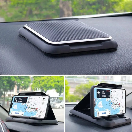 a car dashboard with a phone and a gps device
