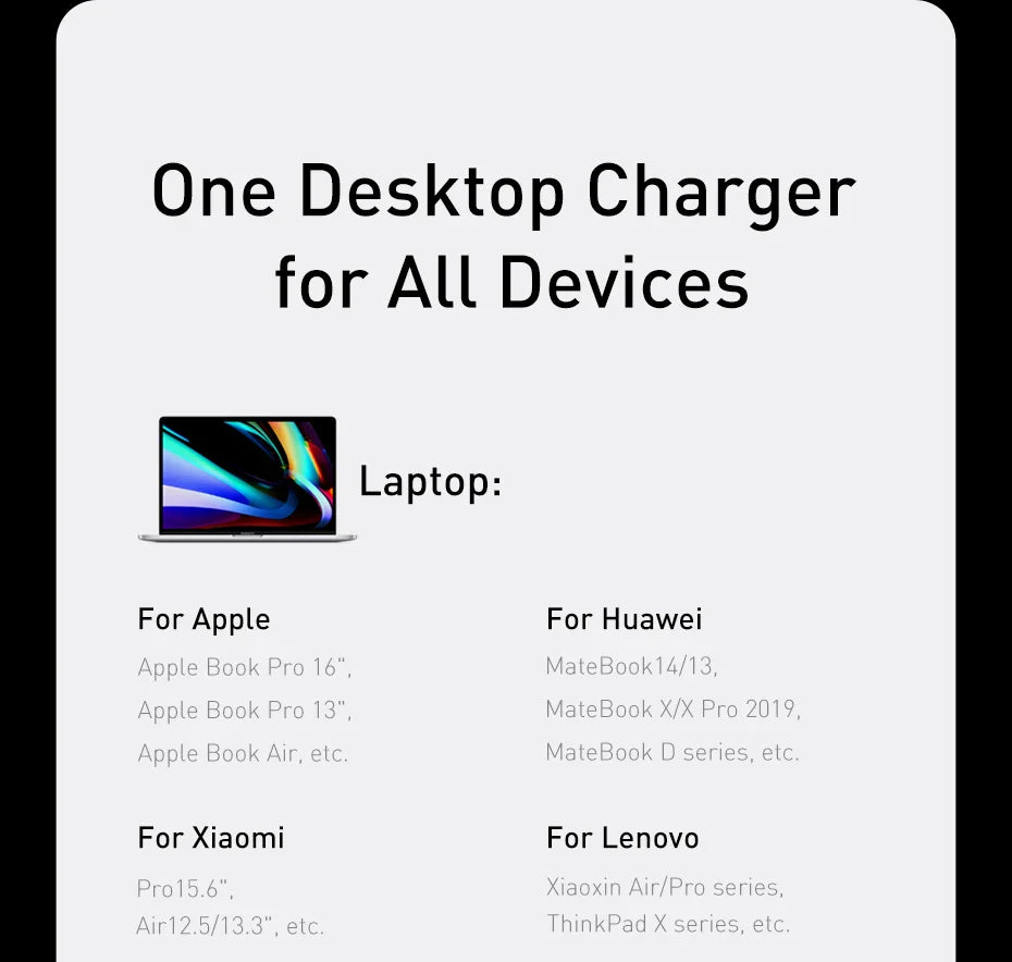 Desktop charger compatible with multiple laptop brands and models.