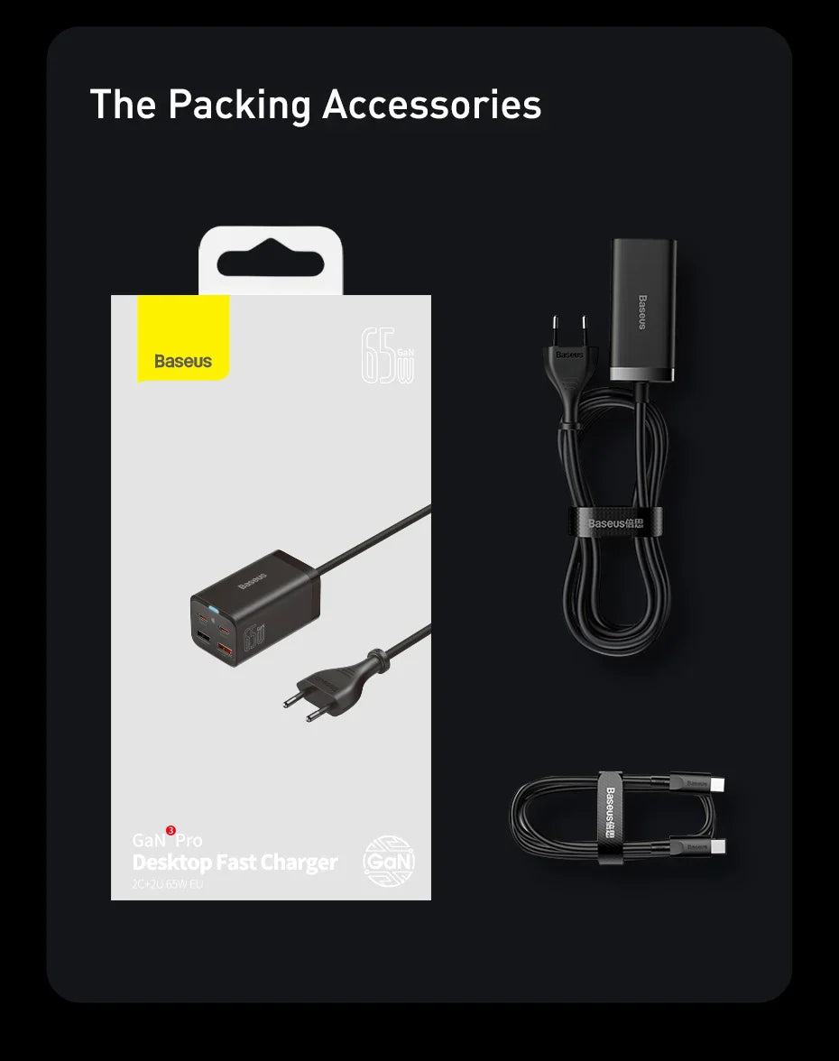 Desktop fast charger with accompanying cables and packaging from the Baseus brand.