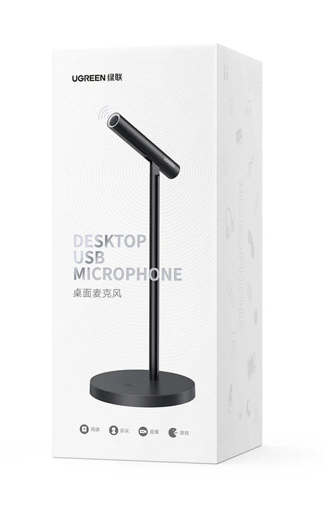 Desktop USB microphone with a stand, shown on its product packaging box.