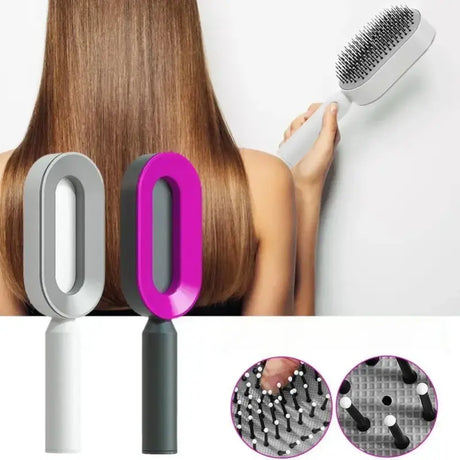 a woman with long hair brushes and combs
