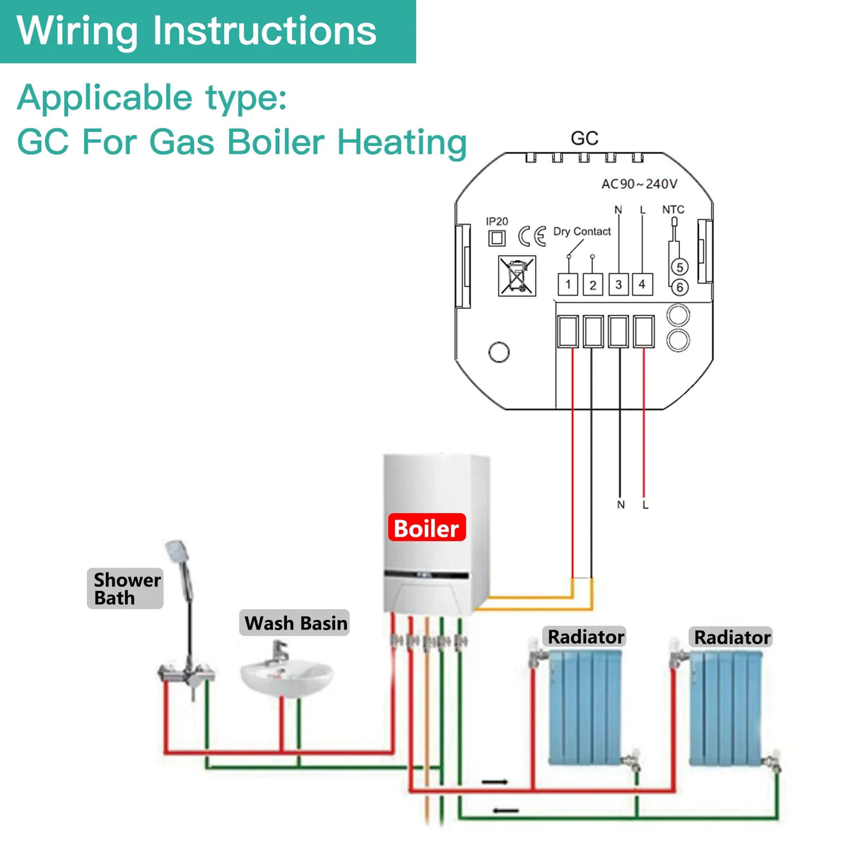 Wiring diagram for a gas boiler heating system.