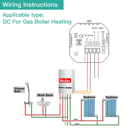 Wiring diagram for a gas boiler heating system.