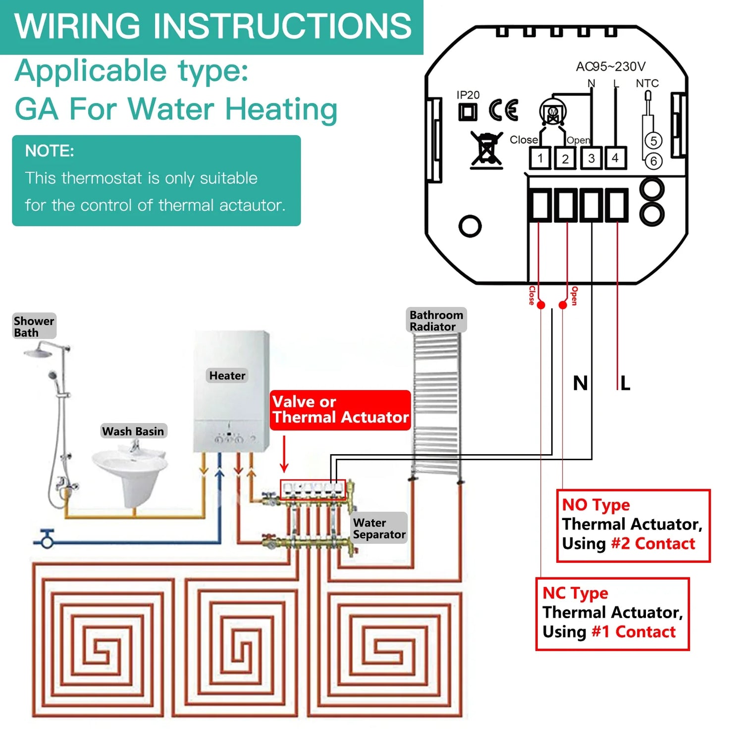 Wiring diagram for a water heating thermostat.