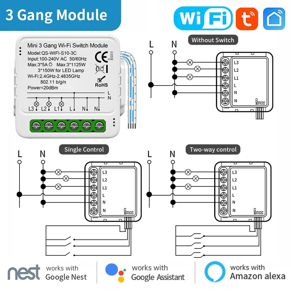 Wiring diagrams for a smart switch module.