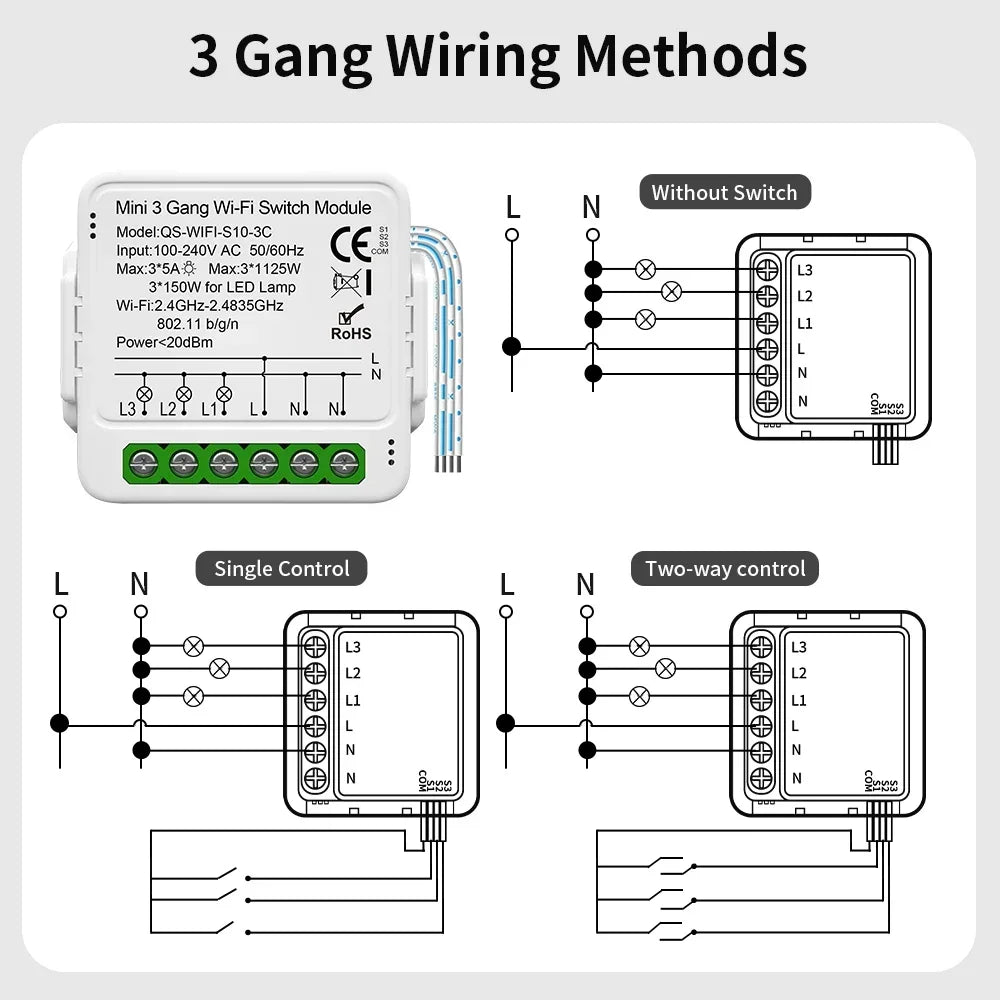 Wiring diagrams for a three-gang Wi-Fi switch module.
