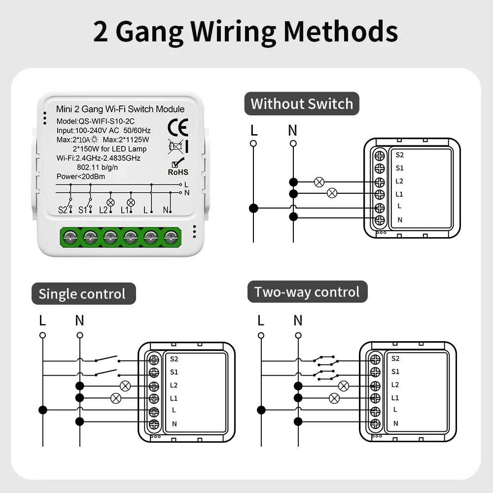 Wiring diagrams for a two-gang Wi-Fi switch module.