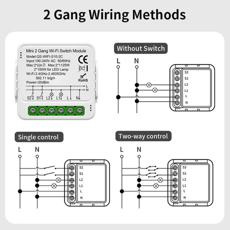 Wiring diagrams for a two-gang Wi-Fi switch module.