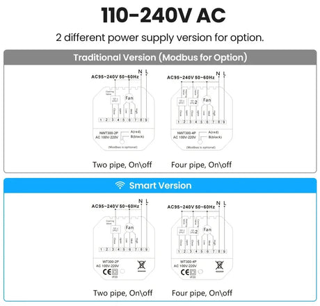 Wiring diagrams for two versions of a thermostat.