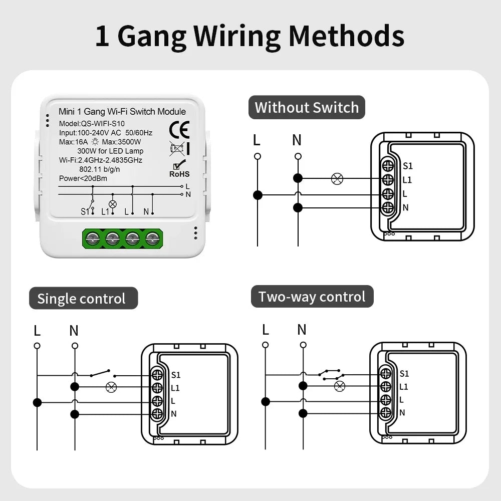 Wiring diagrams for a Wi-Fi switch module.