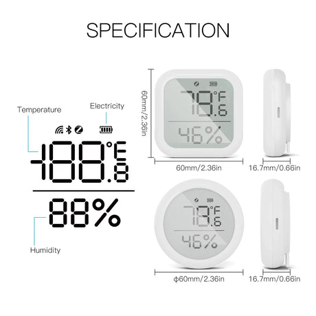 Digital temperature and humidity monitor with dimensions.