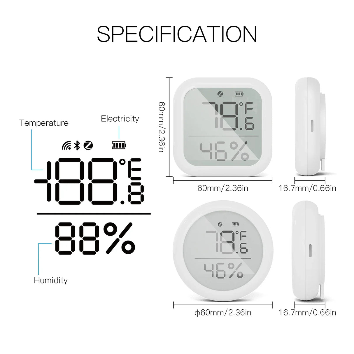 Digital temperature and humidity sensor with dimensions.