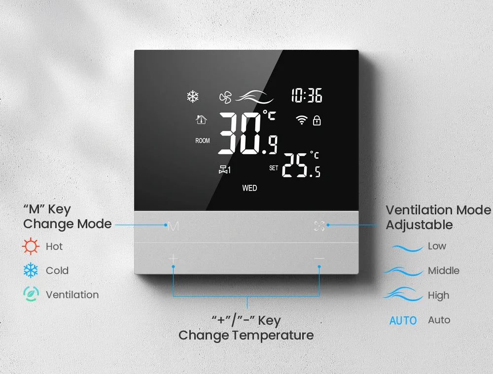 Digital thermostat with adjustable modes.