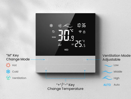 Digital thermostat with adjustable modes.