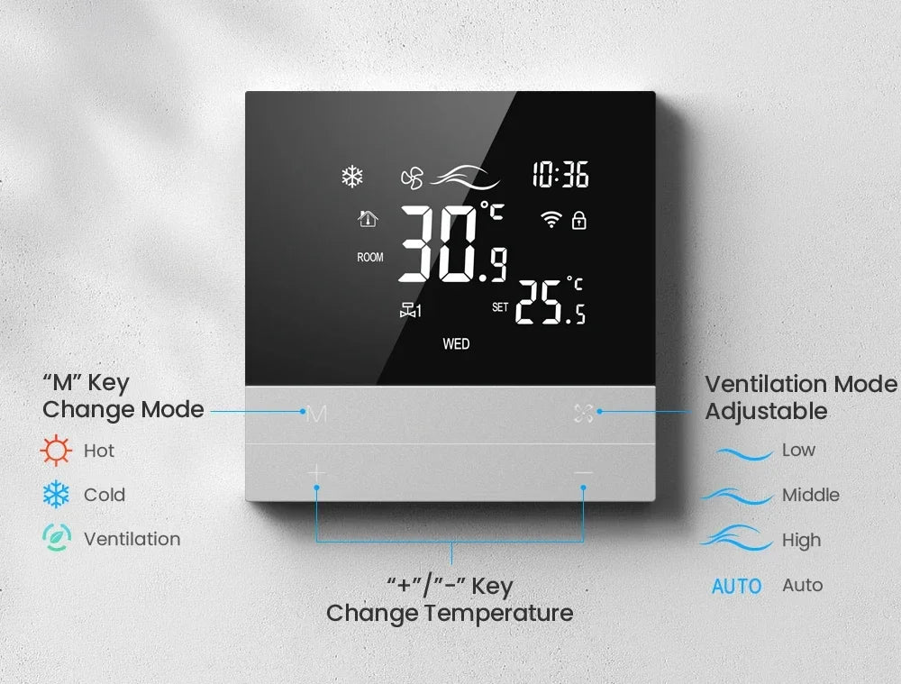 Digital thermostat with adjustable settings.