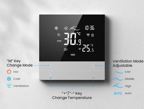 Digital thermostat with adjustable settings.