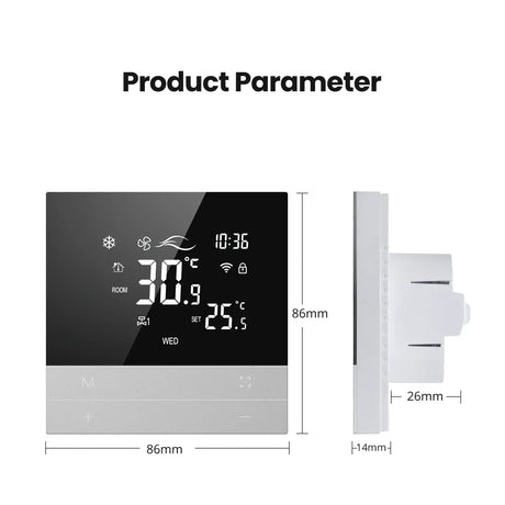 Digital thermostat with dimensions.