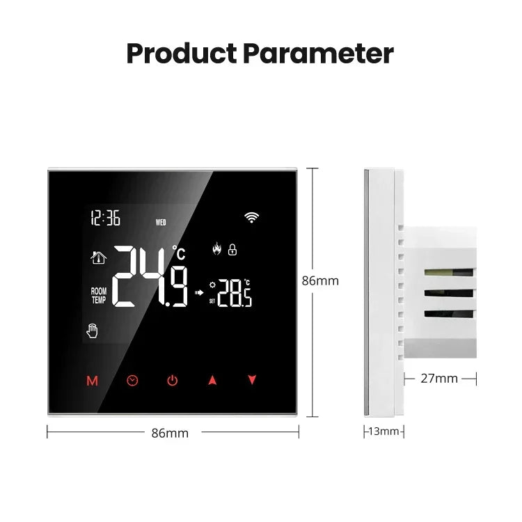 Digital thermostat with dimensions.