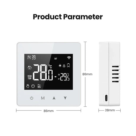 Digital thermostat with dimensions.