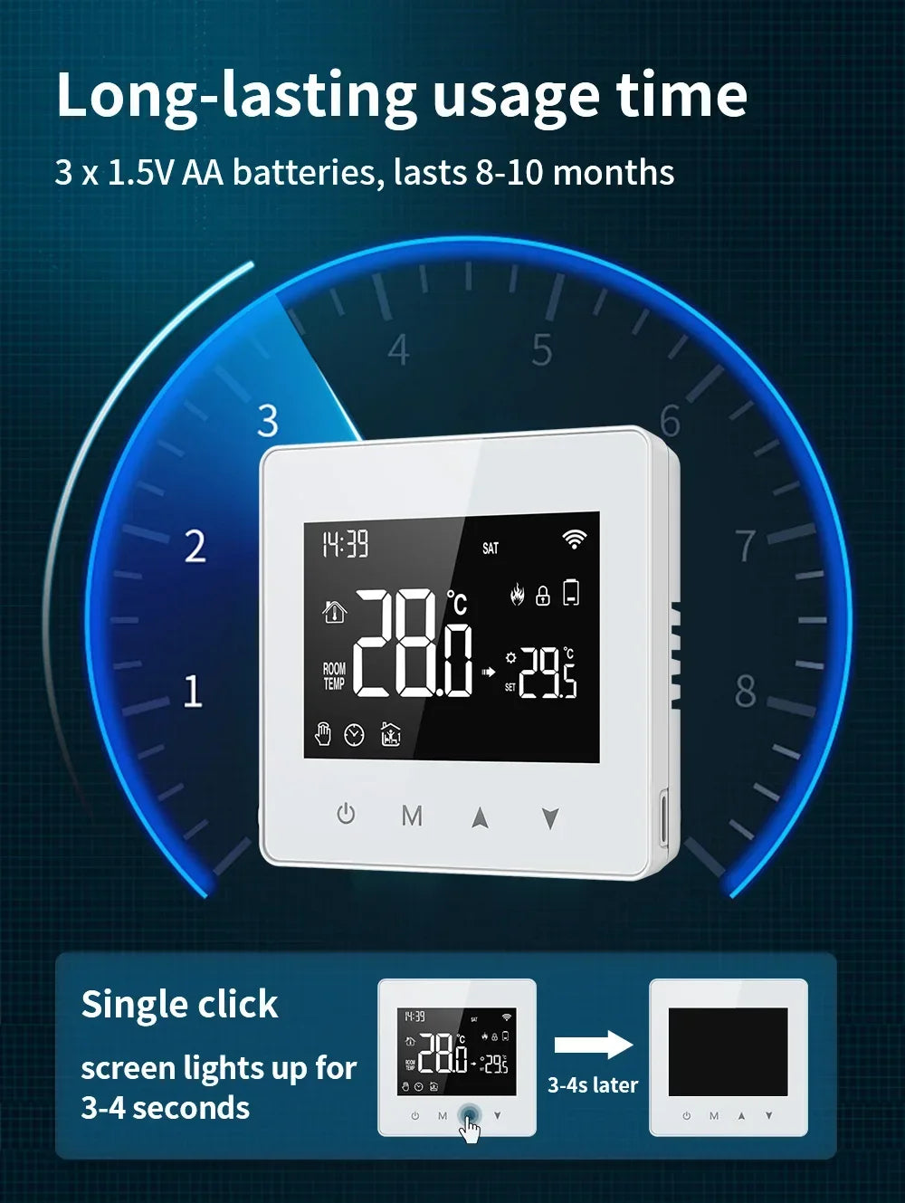 Digital thermostat with long battery life.