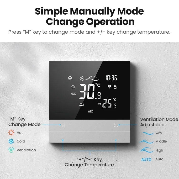 Digital thermostat with mode and temperature controls.