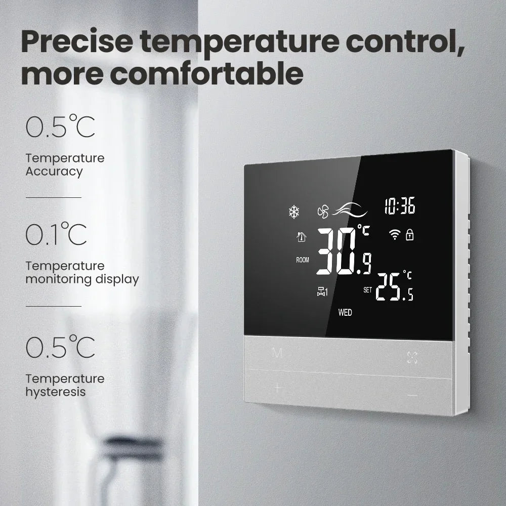 Digital thermostat with temperature display.
