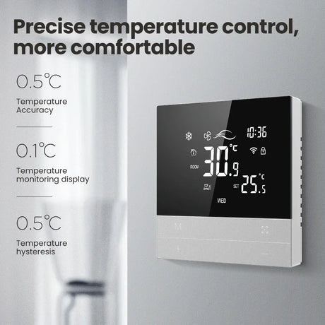 Digital thermostat with temperature display.