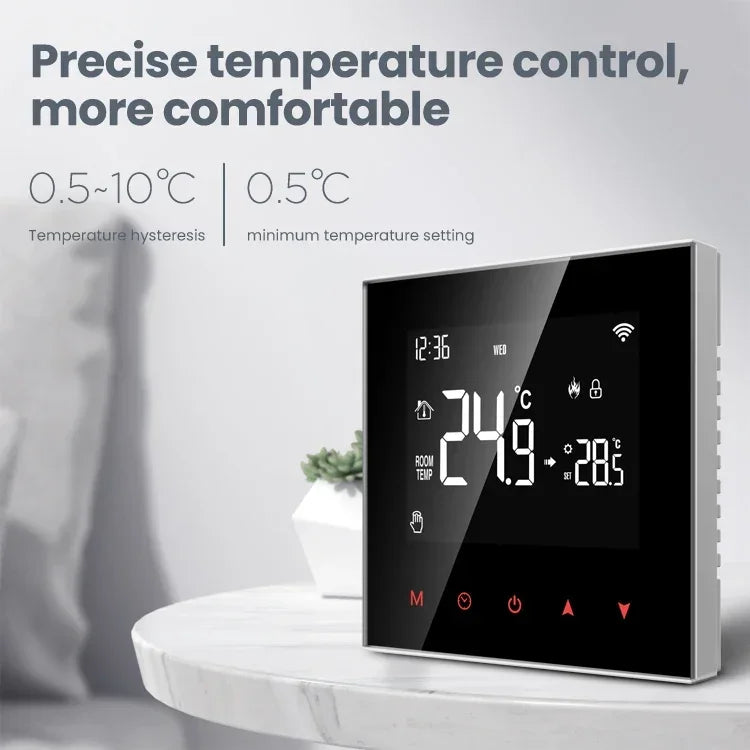Digital thermostat with temperature display.