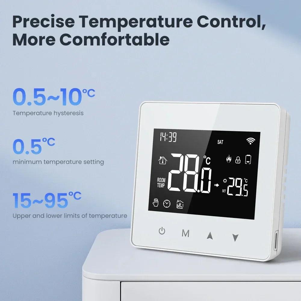 Digital thermostat with temperature display.