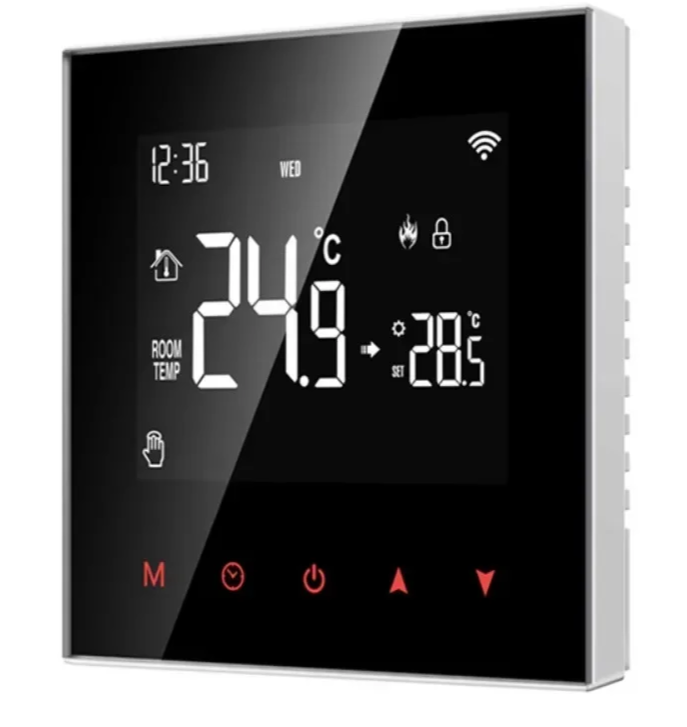 Digital thermostat with touch controls.