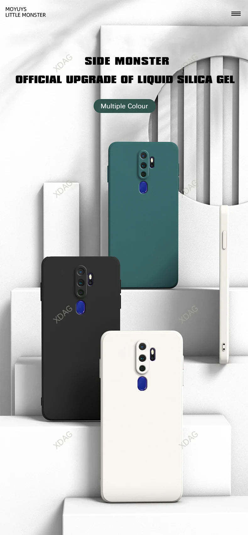 Image of the back side of straight edge silicone phone case for oppo a5 a9 a11 a11x 5g in black white and teal with blue camera accent