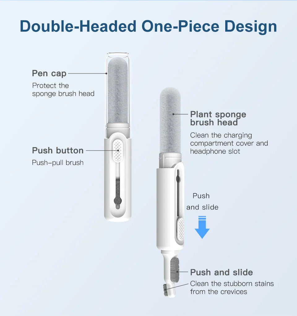 Double-headed one-piece design brush with a pen cap and push-pull mechanism for cleaning.