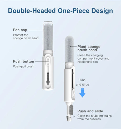 Double-headed one-piece design brush with a pen cap and push-pull mechanism for cleaning.