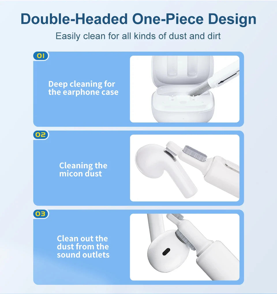 Double-headed cleaning tool for earphones and their case.