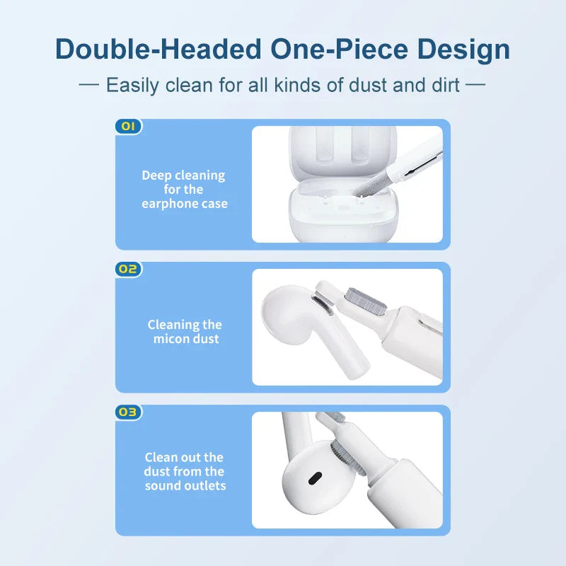 Double-headed cleaning tool for earphones and their cases.